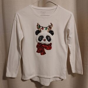 (4/$20) Place Girls White Long Sleeve Tee Panda Design Sequins Size L (10-12)